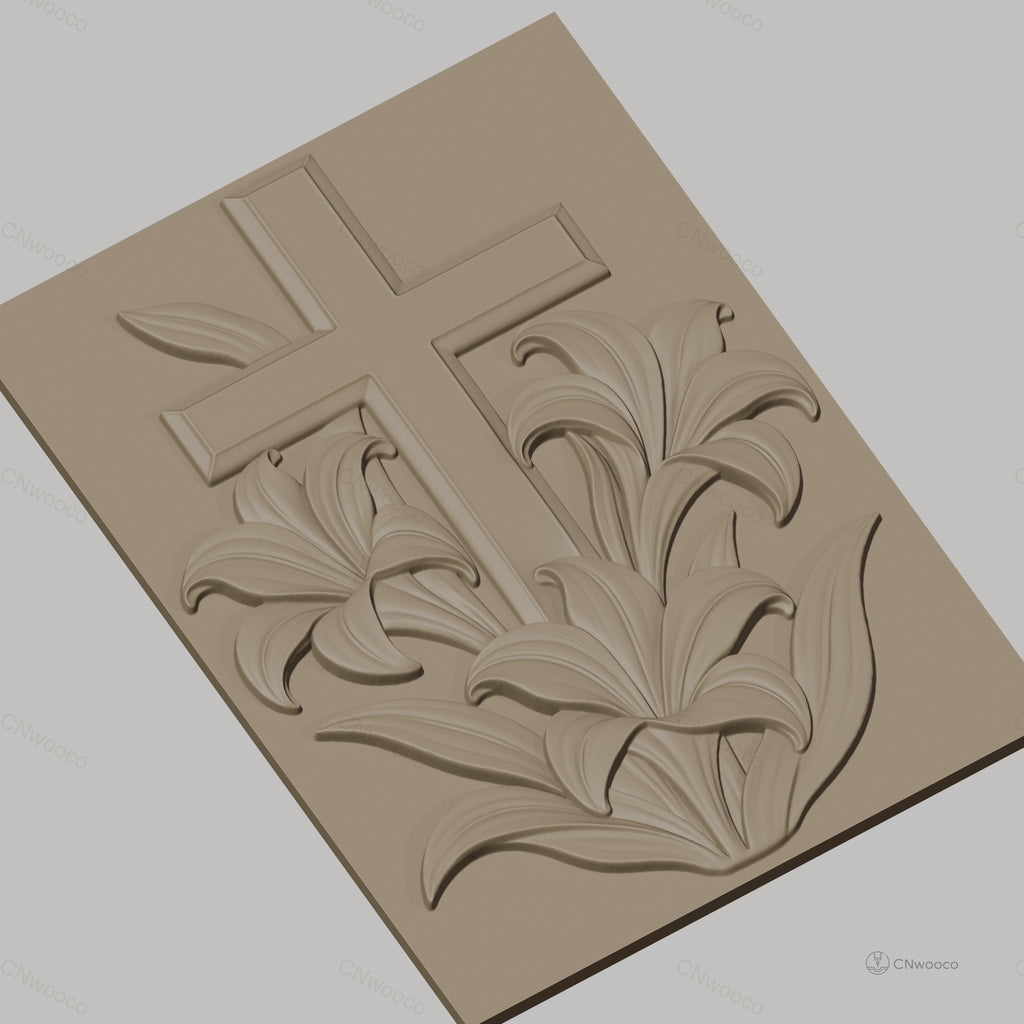 Fichier CNC & impression 3D Croix avec lys et feuilles, haute qualité relief STL