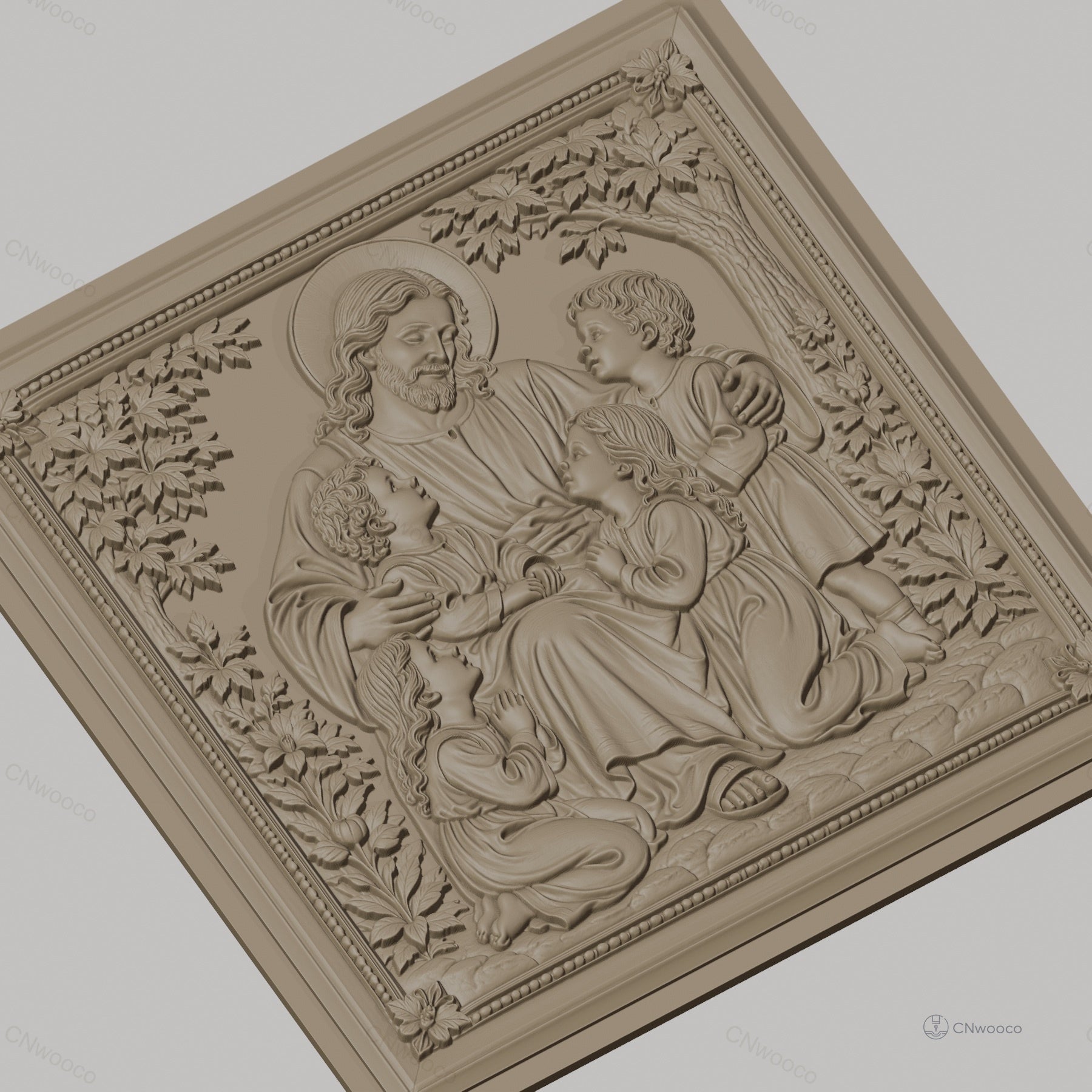 Fichier CNC & impression 3D Jésus avec enfants, scène religieuse florale, haute qualité relief STL