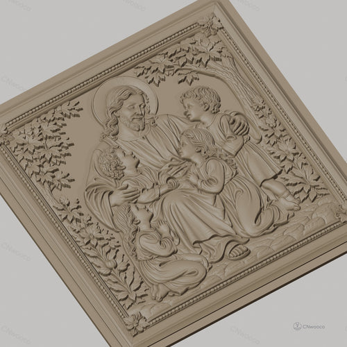 Fichier CNC & impression 3D Jésus avec enfants, scène religieuse florale, haute qualité relief STL