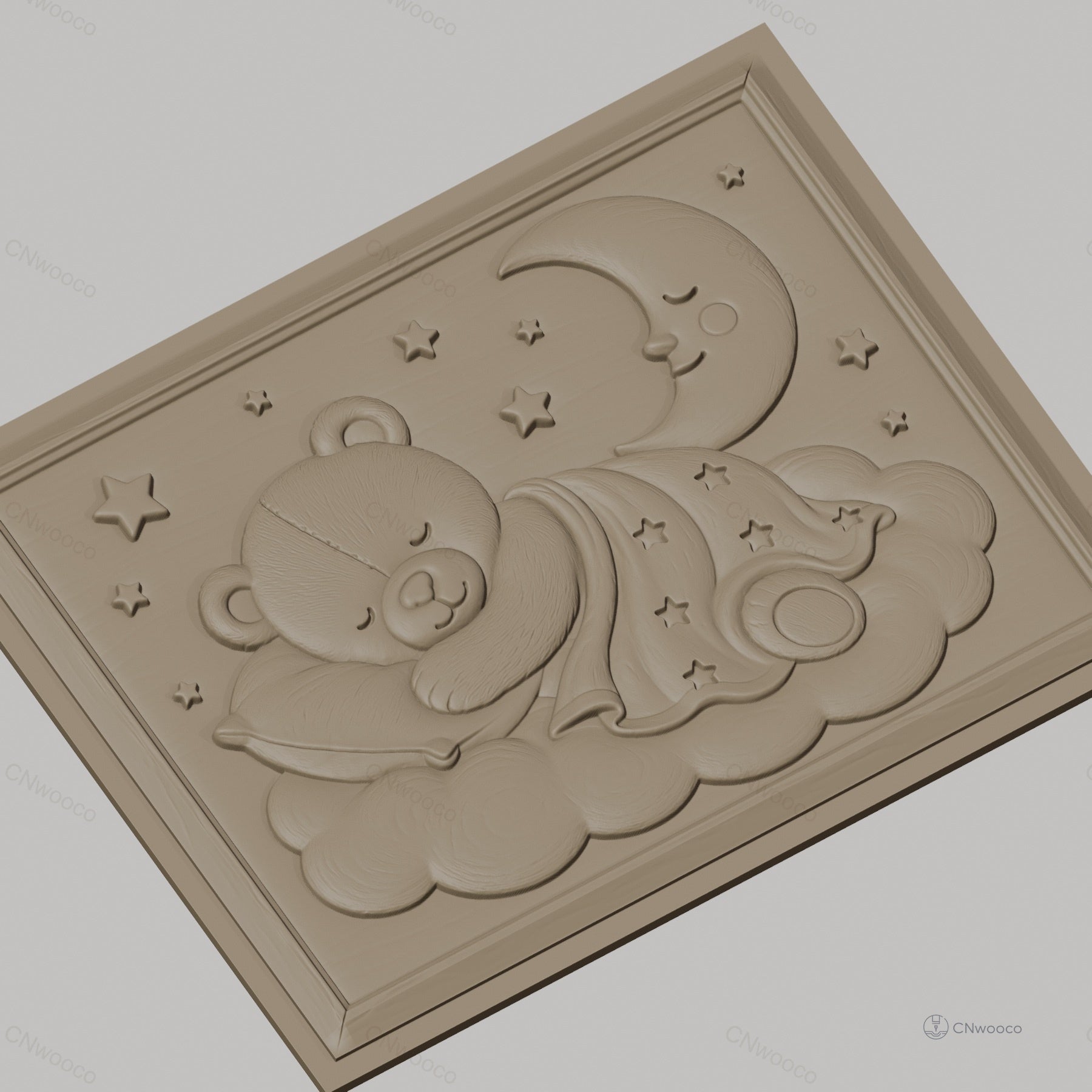 Fichier CNC & impression 3D ours endormi sur nuage, lune et étoiles, haute qualité relief STL