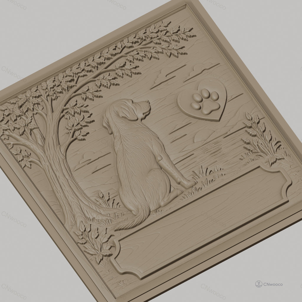 Fichier CNC & impression 3D chien assis, arbre, paysage et patte en cœur, haute qualité relief STL