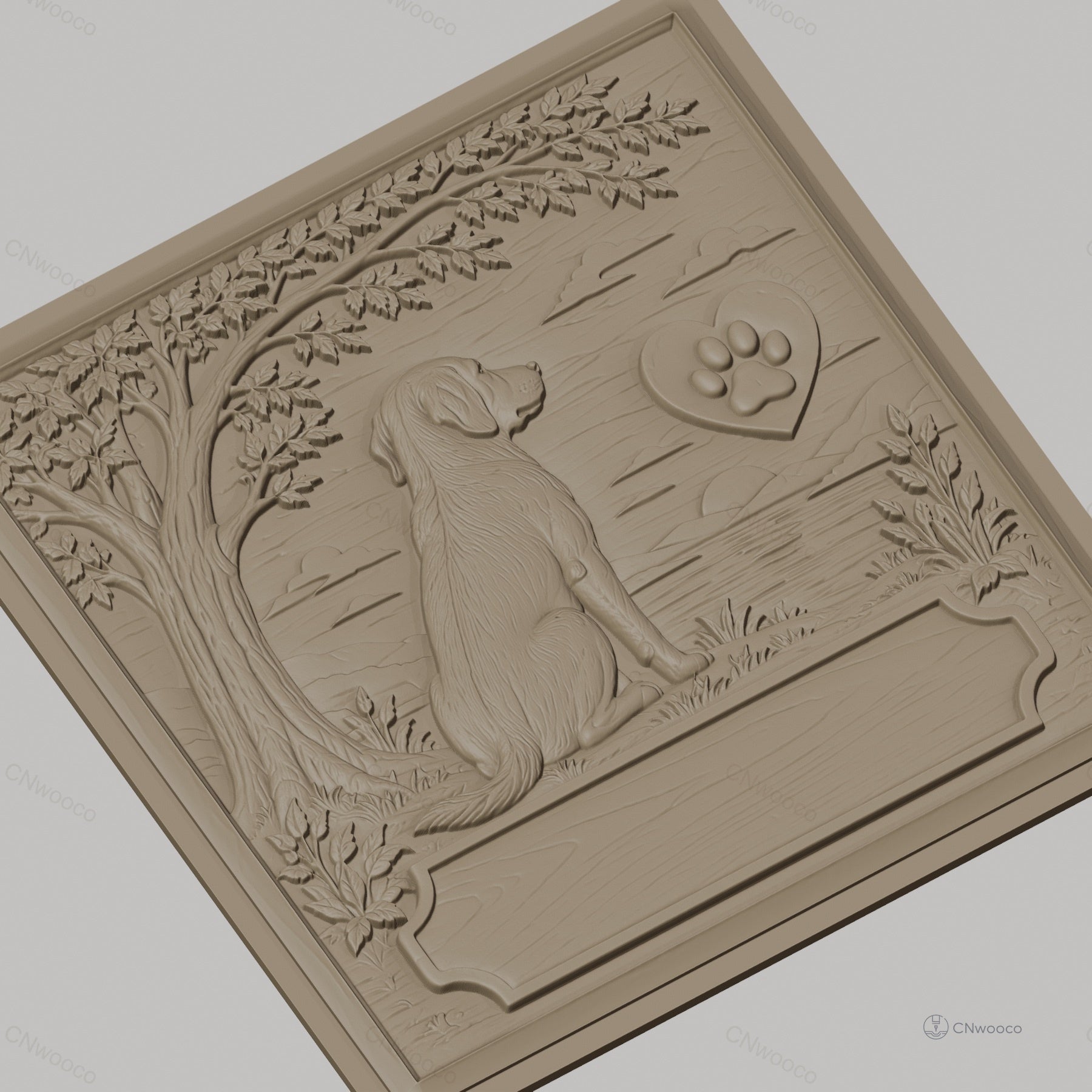 Fichier CNC & impression 3D chien assis, arbre, paysage et patte en cœur, haute qualité relief STL