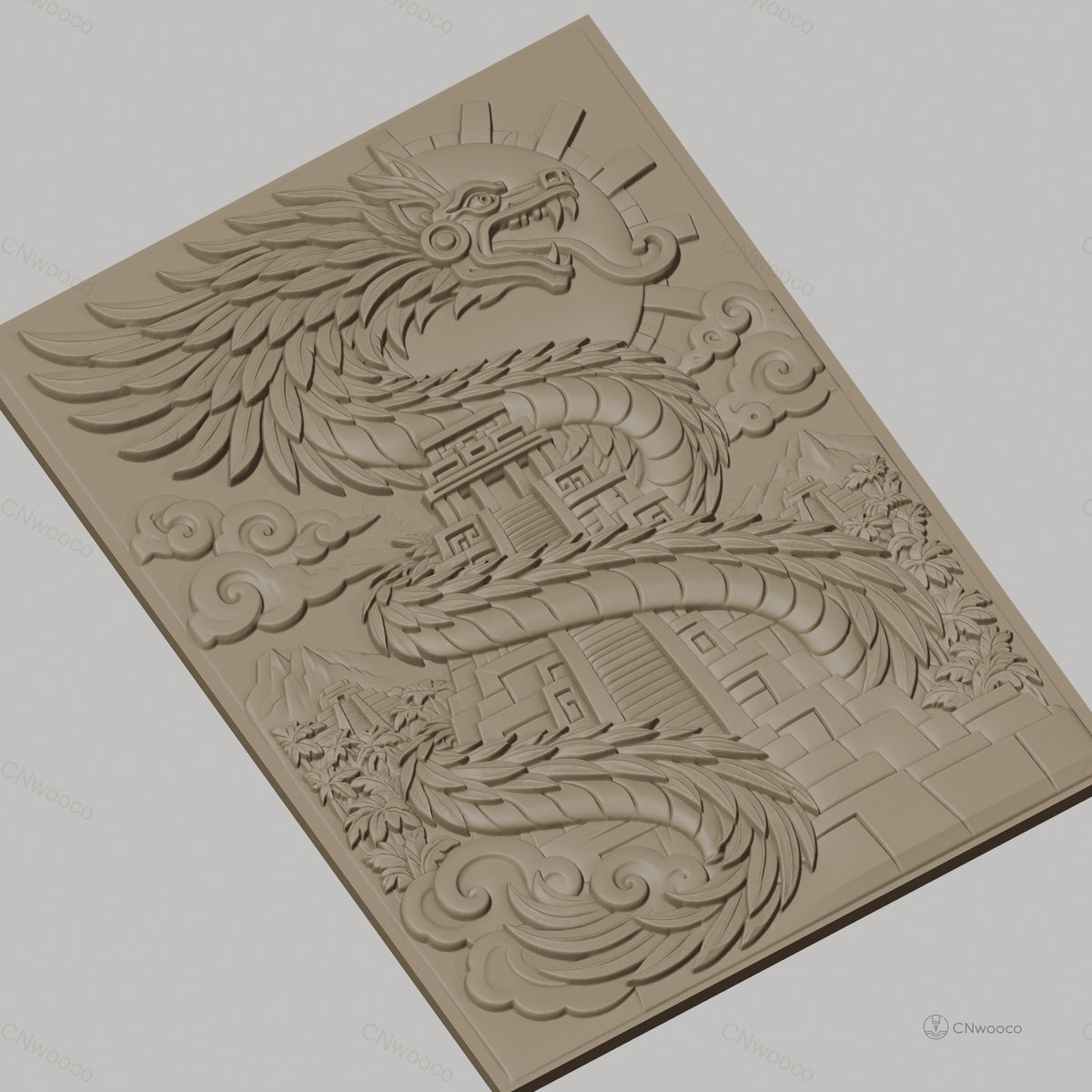 Fichier CNC & impression 3D dragon aztèque, pyramide ancienne et nuages, haute qualité relief STL