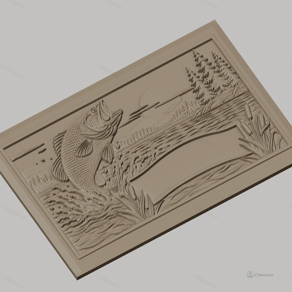 Fichier CNC & impression 3D poisson sautant dans un lac, paysage avec arbres et roseaux, haute qualité relief STL