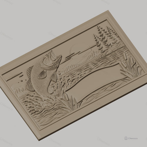 Fichier CNC & impression 3D poisson sautant dans un lac, paysage avec arbres et roseaux, haute qualité relief STL