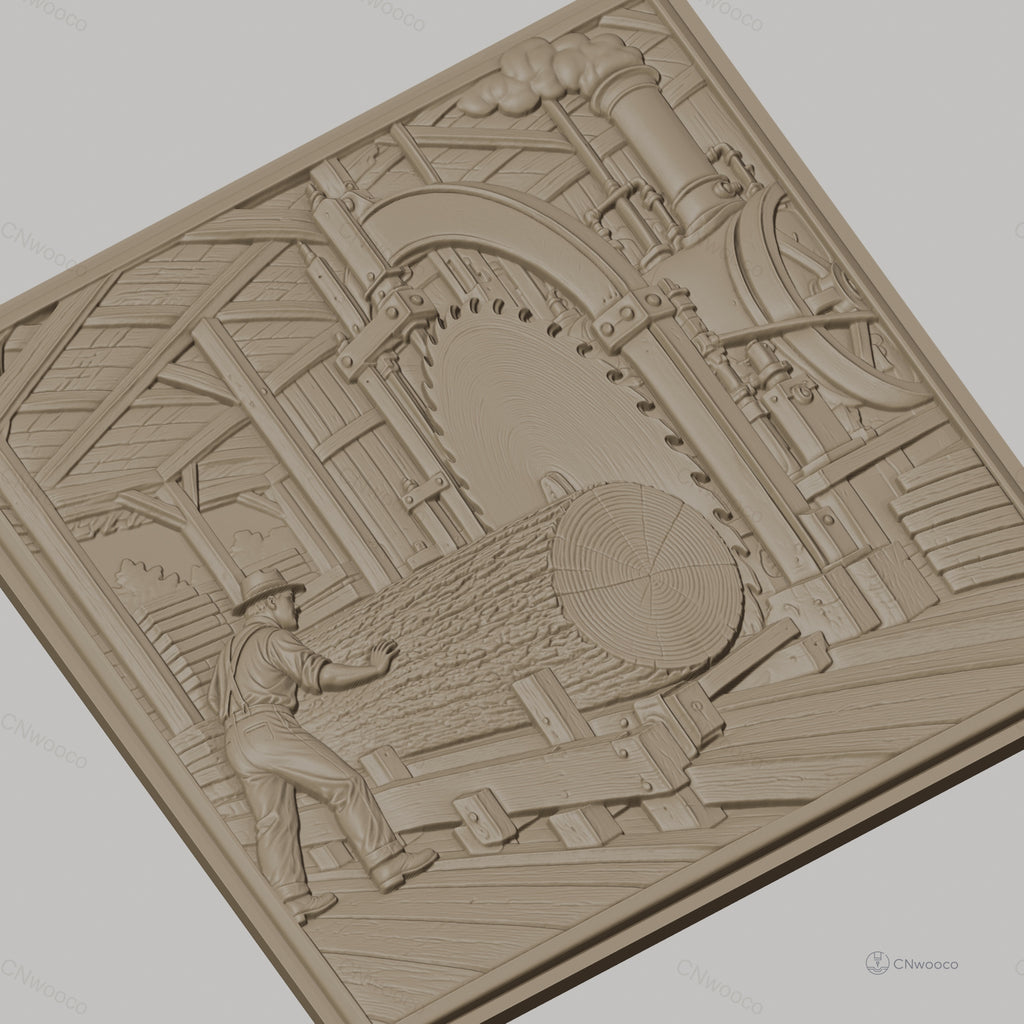 Fichier CNC & impression 3D scierie ancienne, ouvrier et machine à sciage, haute qualité relief STL