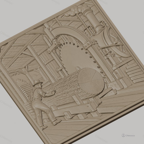 Fichier CNC & impression 3D scierie ancienne, ouvrier et machine à sciage, haute qualité relief STL