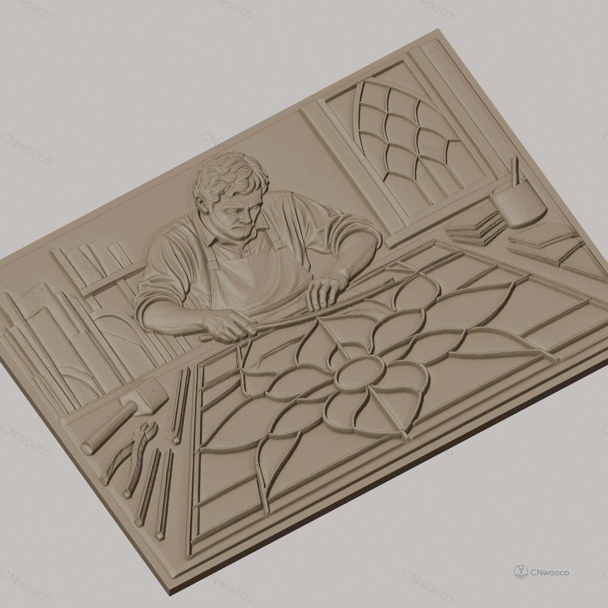 Fichier CNC & impression 3D artisan créant vitrail fleur, atelier et outils, haute qualité relief STL