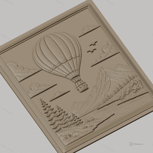 Fichier CNC & impression 3D montgolfière, montagnes, pins, rivière, haute qualité relief STL