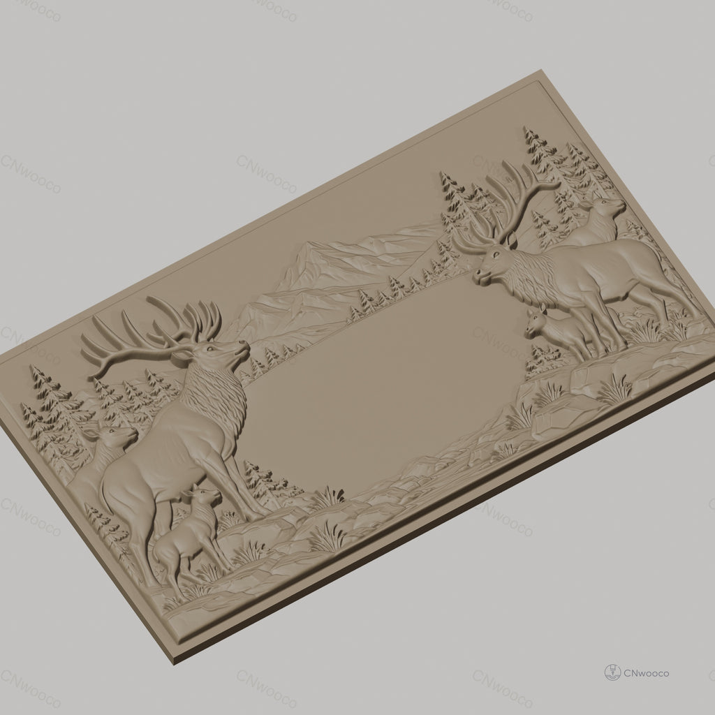 Fichier CNC & impression 3D cerfs et faons en forêt avec montagne en arrière-plan, haute qualité relief STL