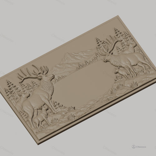Fichier CNC & impression 3D cerfs et faons en forêt avec montagne en arrière-plan, haute qualité relief STL