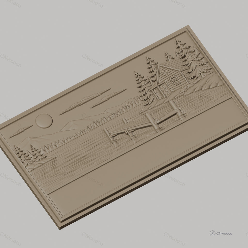 Fichier CNC & impression 3D paysage lac cabane ponton sapins montagne, haute qualité relief STL