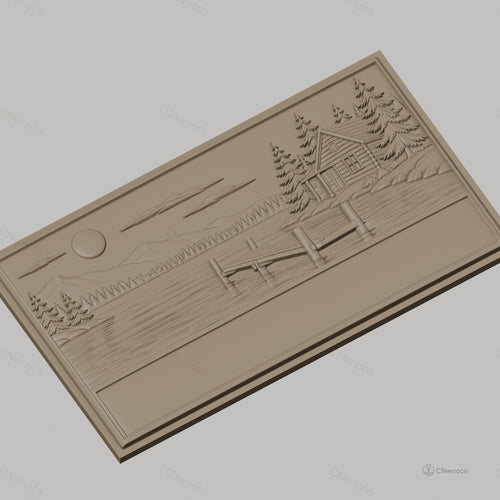 Fichier CNC & impression 3D paysage lac cabane ponton sapins montagne, haute qualité relief STL