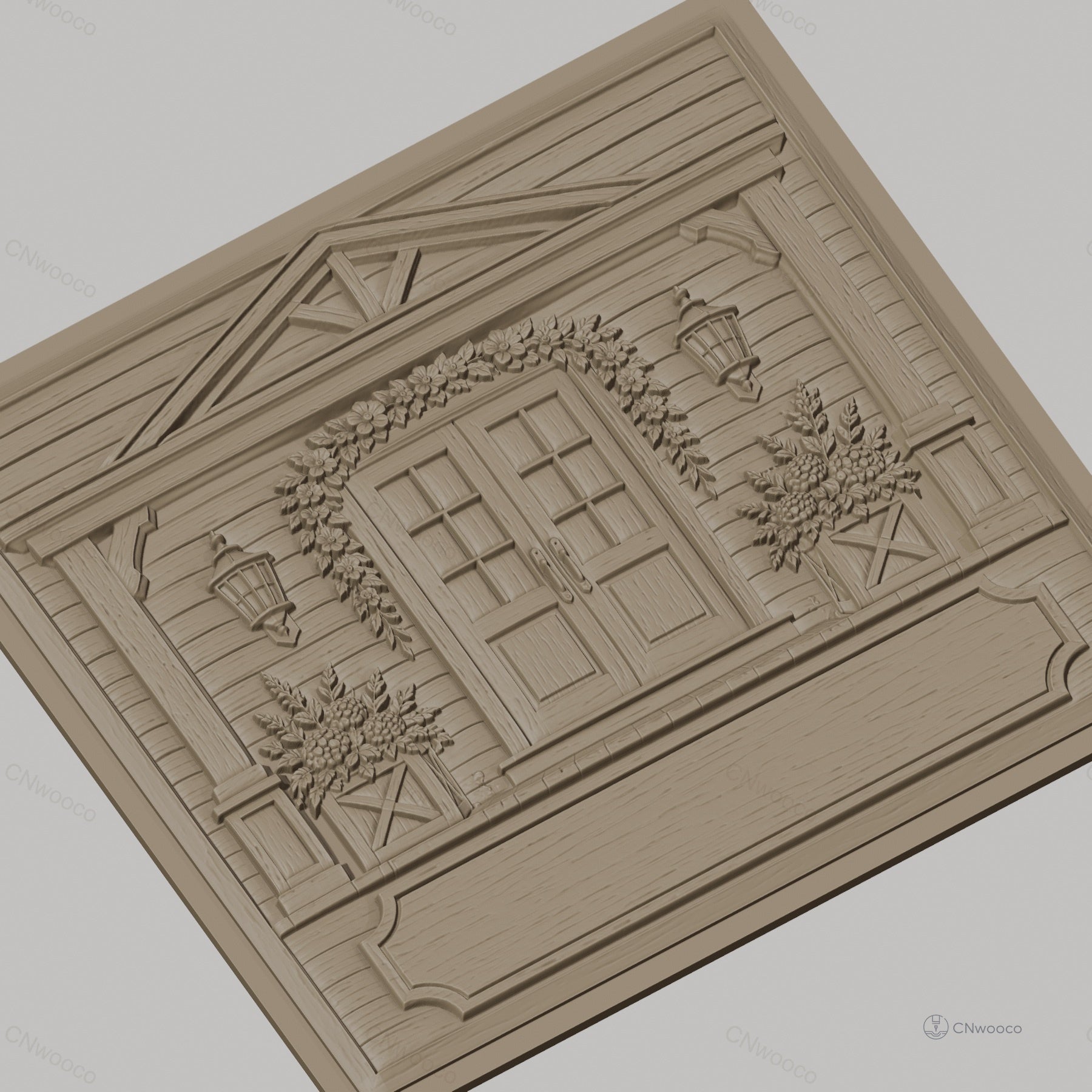 Fichier CNC & impression 3D façade de maison avec porte, fleurs, lanternes, haute qualité relief STL
