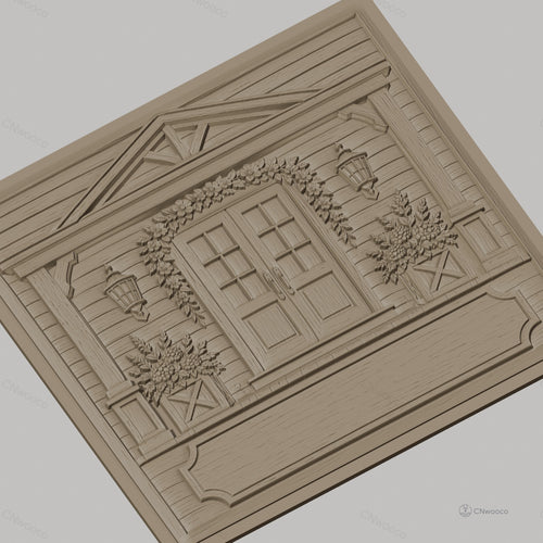 Fichier CNC & impression 3D façade de maison avec porte, fleurs, lanternes, haute qualité relief STL