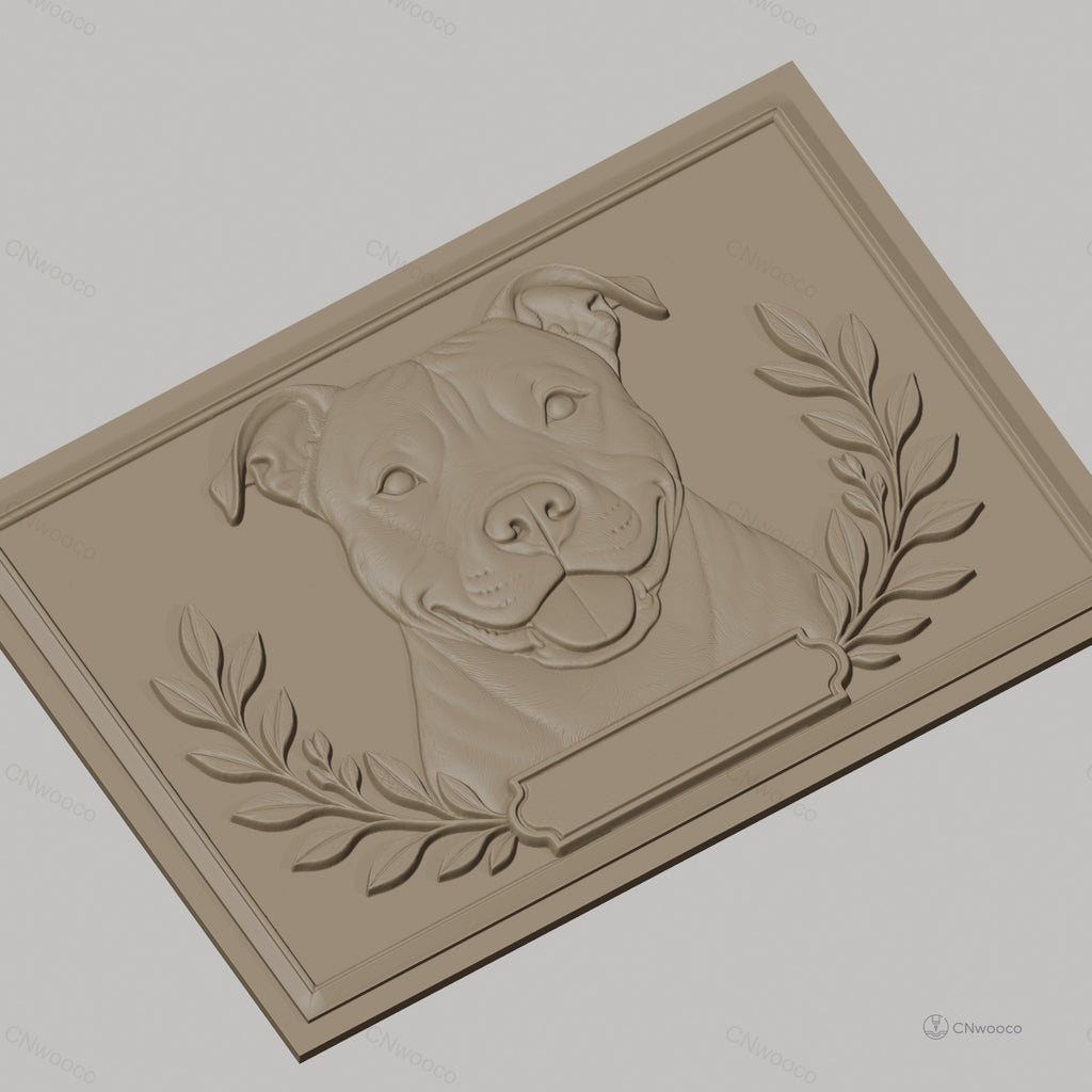 Fichier CNC & impression 3D portrait de chien American Staffordshire avec cadre et feuilles, haute qualité relief STL