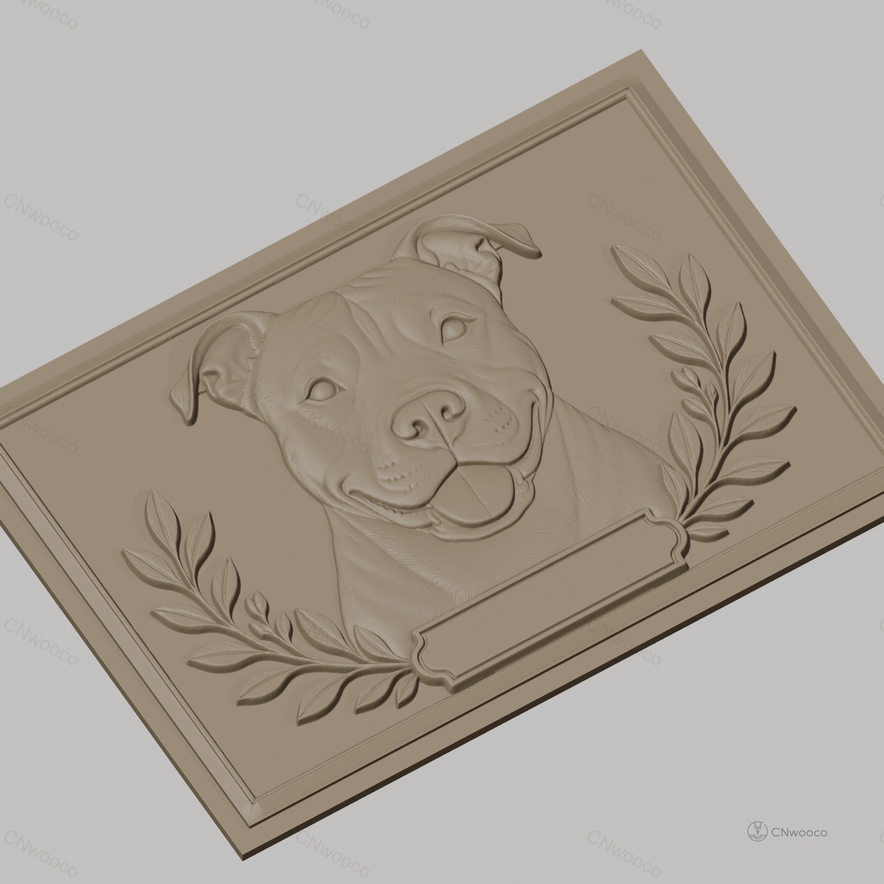 Fichier CNC & impression 3D portrait de chien American Staffordshire avec cadre et feuilles, haute qualité relief STL