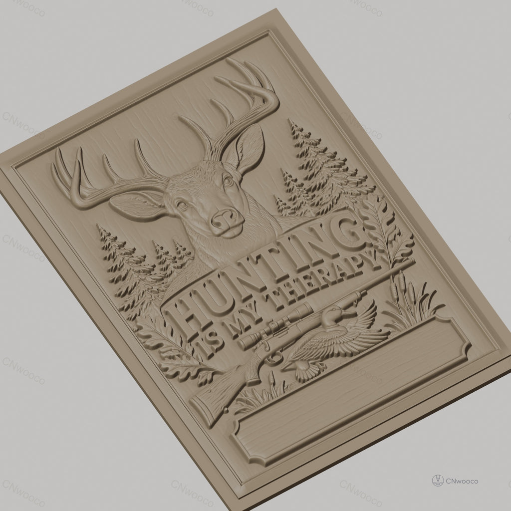 Fichier CNC & impression 3D chasse, cerf, fusil, canard, forêt, texte Hunting is my therapy, haute qualité relief STL