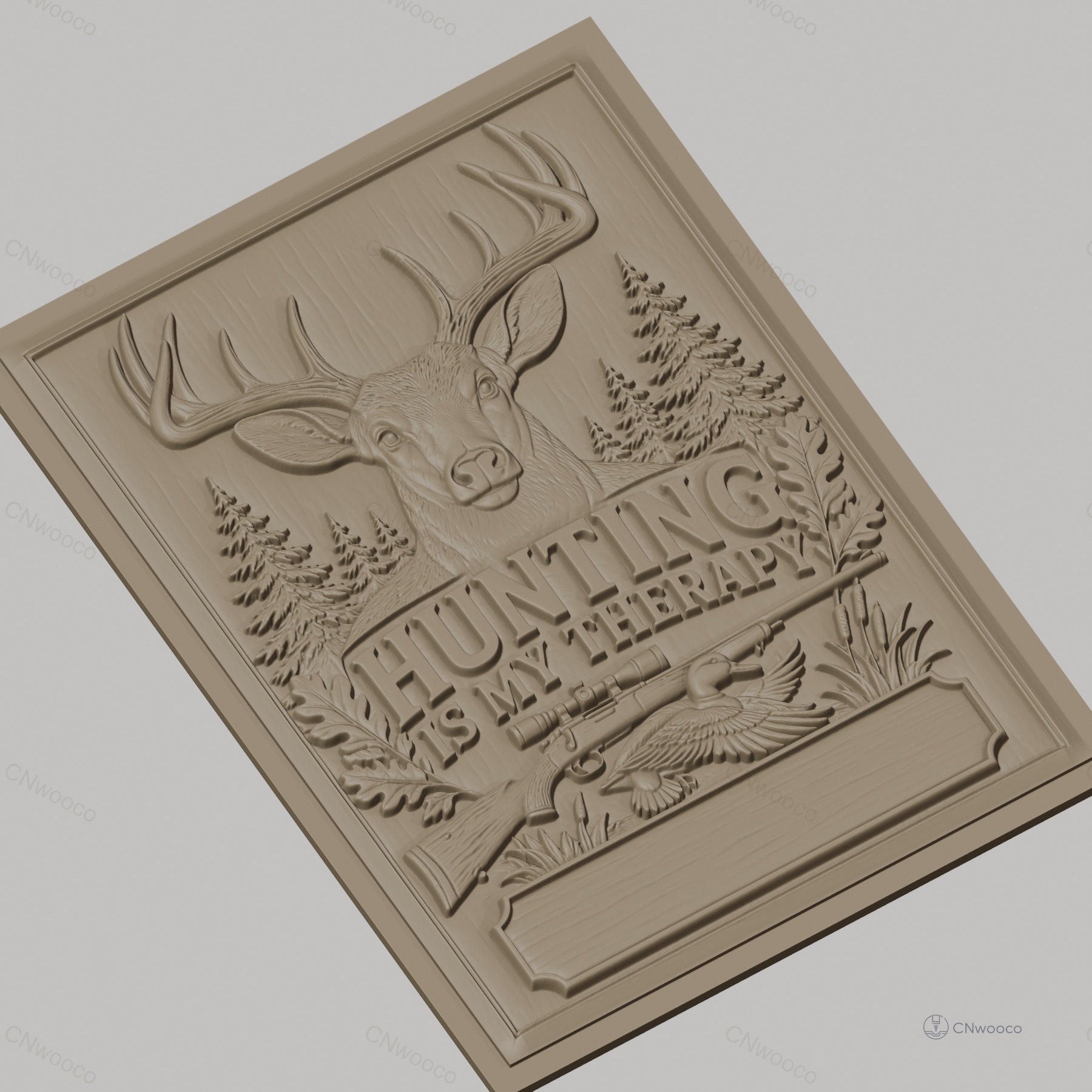 Fichier CNC & impression 3D chasse, cerf, fusil, canard, forêt, texte Hunting is my therapy, haute qualité relief STL