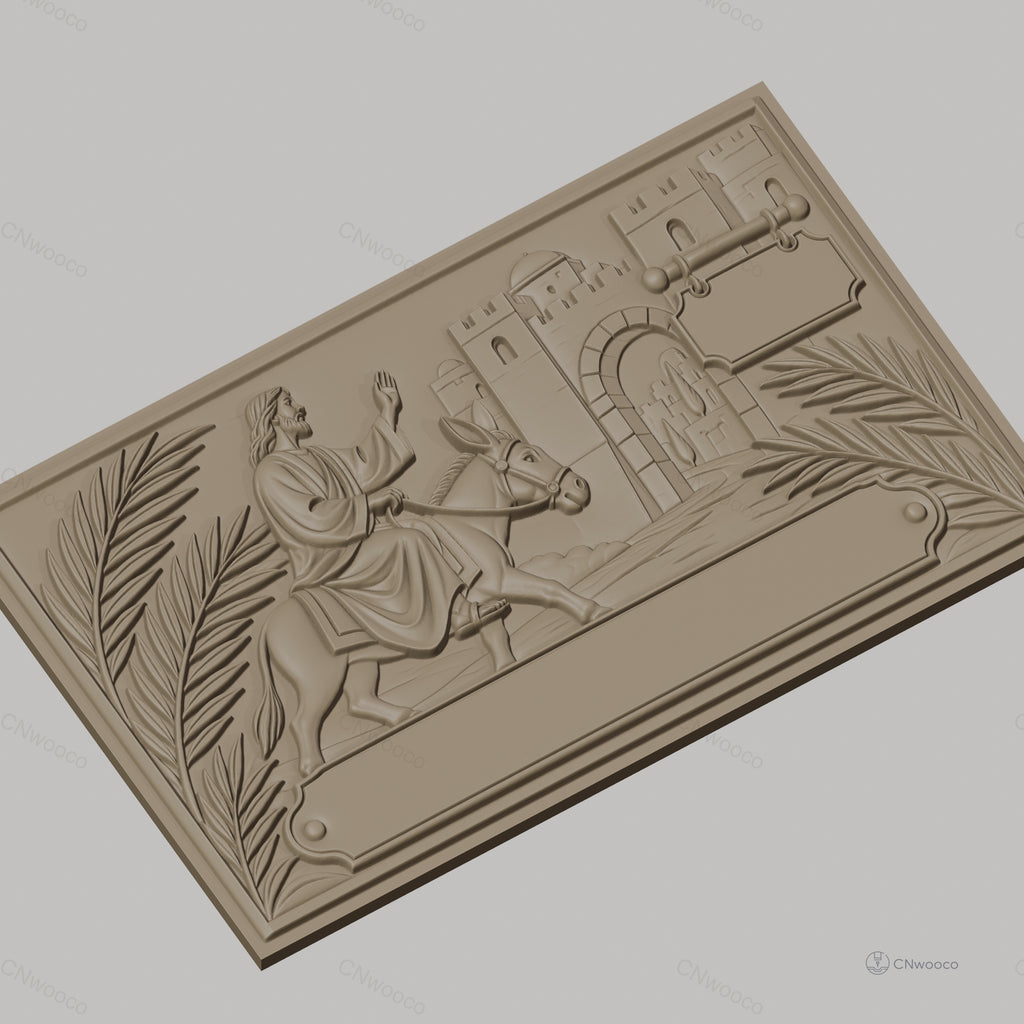 Fichier CNC & impression 3D Jésus entrant à Jérusalem, relief avec âne, palmiers et ville ancienne, haute qualité relief STL