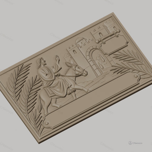 Fichier CNC & impression 3D Jésus entrant à Jérusalem, relief avec âne, palmiers et ville ancienne, haute qualité relief STL