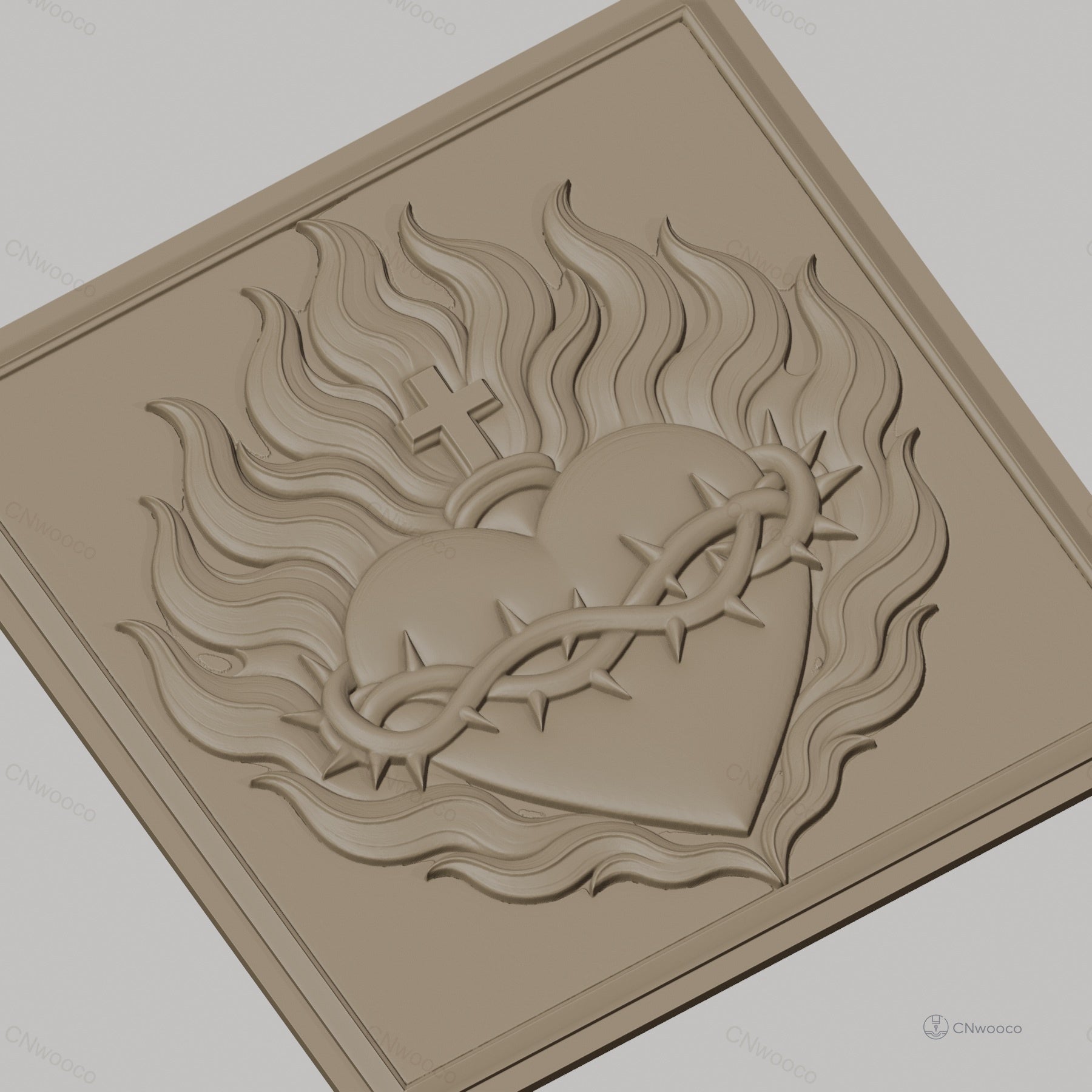 Fichier CNC & impression 3D Sacré Cœur, cœur enflammé avec couronne d'épines et croix, haute qualité relief STL