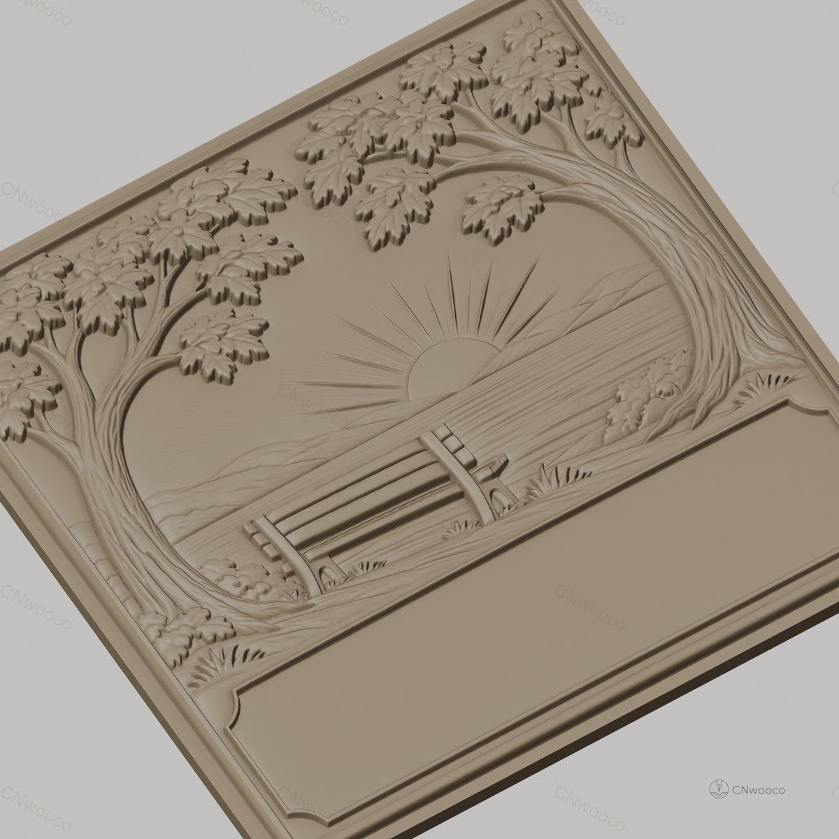 Fichier CNC & impression 3D paysage banc coucher de soleil arbres cadre vide haute qualité relief STL