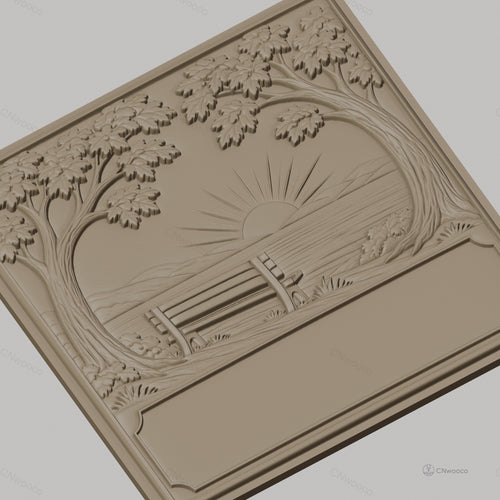 Fichier CNC & impression 3D paysage banc coucher de soleil arbres cadre vide haute qualité relief STL