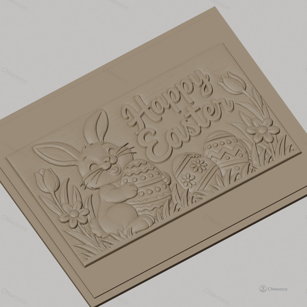 Fichier CNC & impression 3D Lapin de Pâques, oeufs décorés et fleurs, haute qualité relief STL