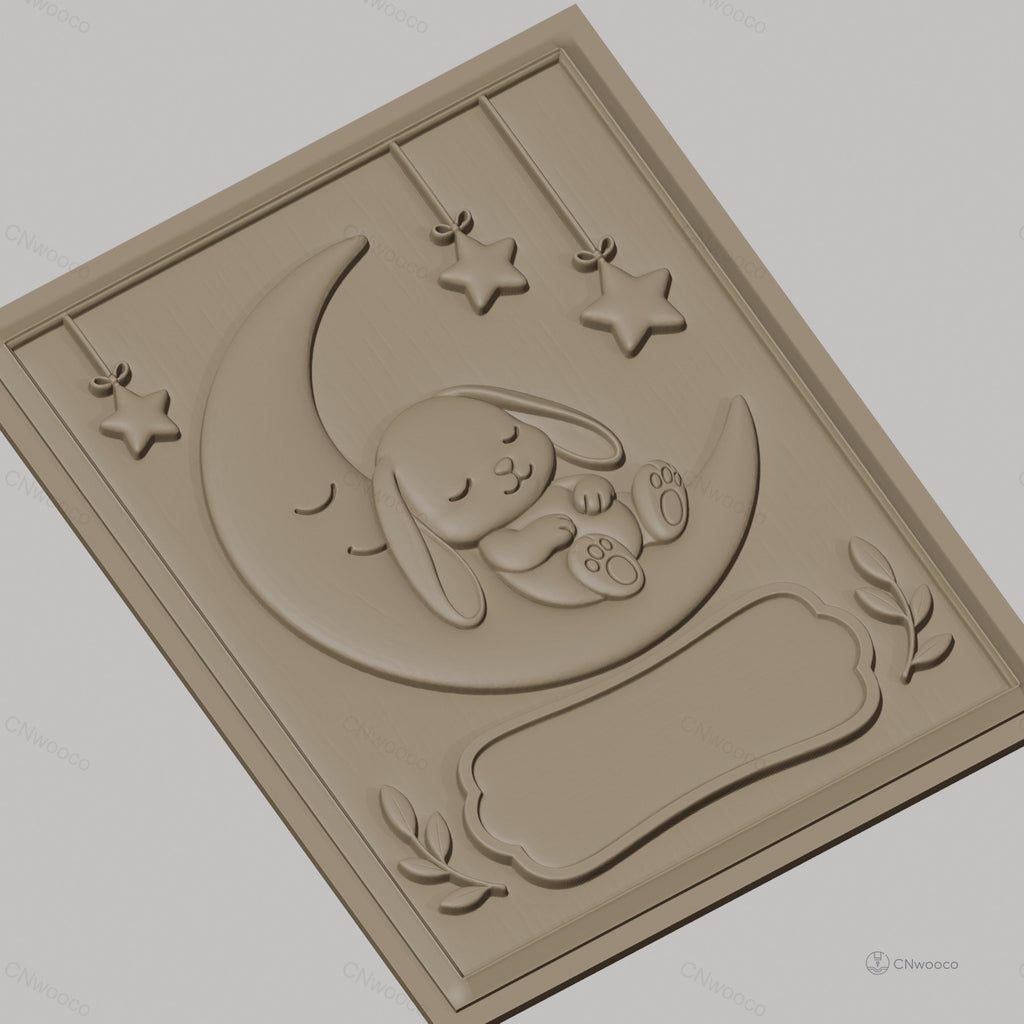 Fichier CNC & impression 3D bébé lapin sur lune avec étoiles, décoration murale relief, haute qualité relief STL
