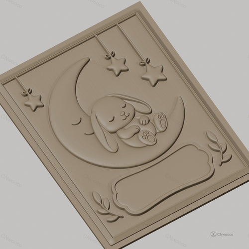 Fichier CNC & impression 3D bébé lapin sur lune avec étoiles, décoration murale relief, haute qualité relief STL