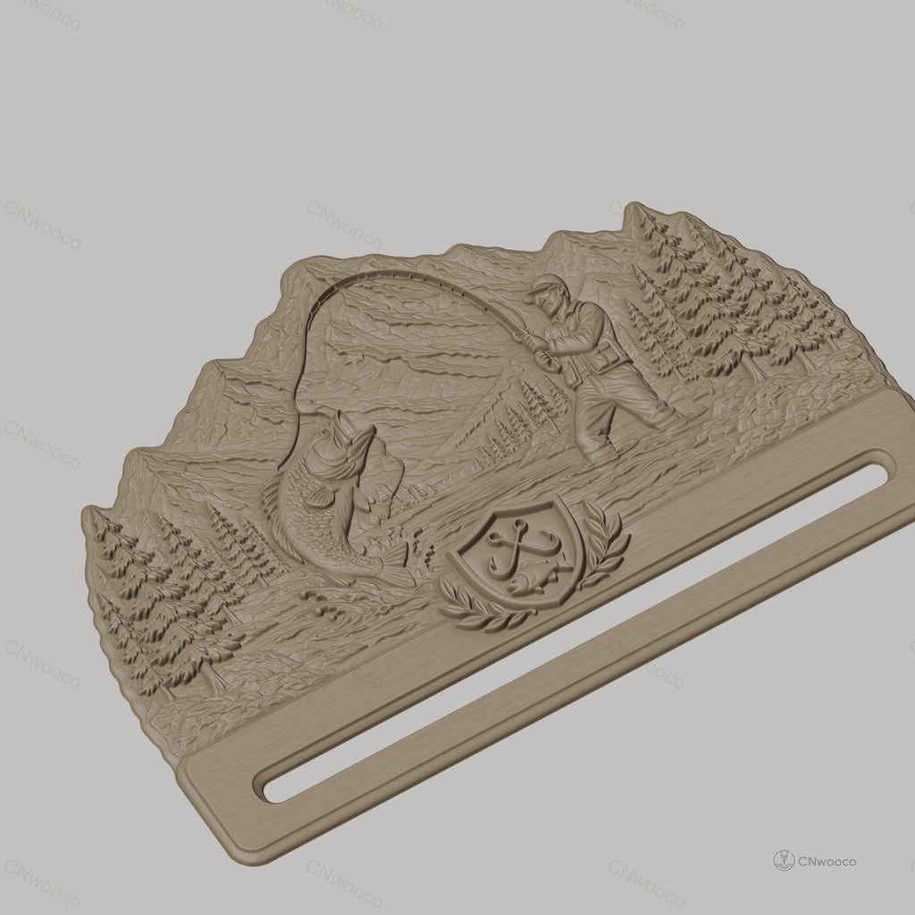 Fichier CNC & impression 3D support ceinture pêcheur, scène nature et poisson, STL très haute qualité