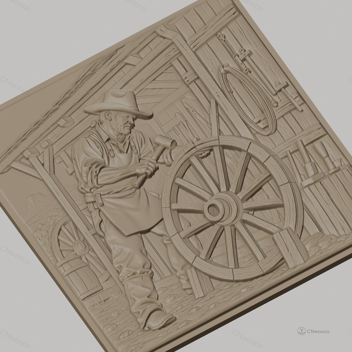 Fichier CNC & impression 3D artisan charpentier, roue de chariot et outils bois, haute qualité relief STL
