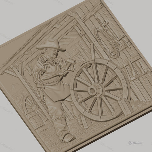 Fichier CNC & impression 3D artisan charpentier, roue de chariot et outils bois, haute qualité relief STL