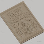 Fichier CNC & impression 3D Halloween maison hantée, chauves-souris, arbres, texte Happy Haunting, haute qualité relief STL