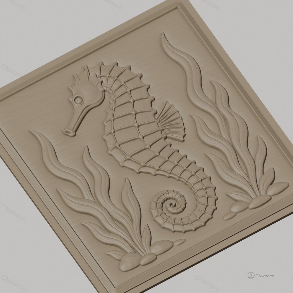 Fichier CNC & impression 3D hippocampe marin, algues et cailloux relief, haute qualité relief STL