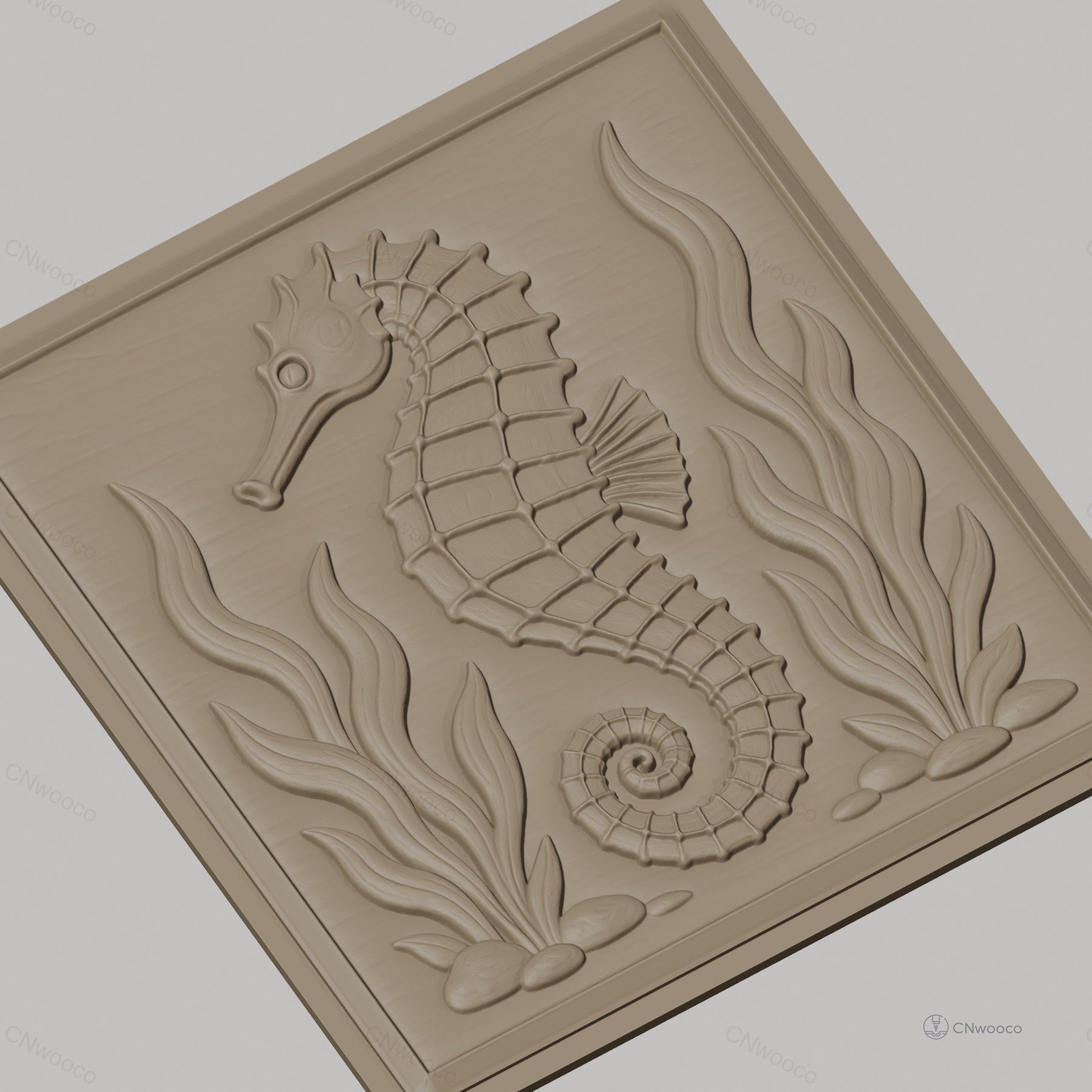Fichier CNC & impression 3D hippocampe marin, algues et cailloux relief, haute qualité relief STL