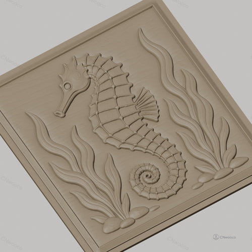 Fichier CNC & impression 3D hippocampe marin, algues et cailloux relief, haute qualité relief STL