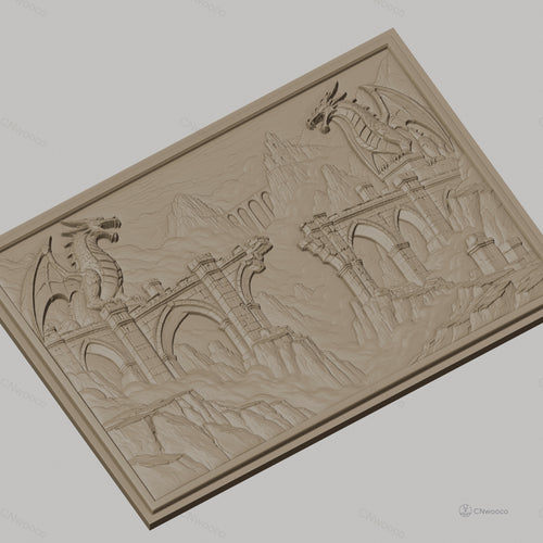 Fichier CNC & impression 3D dragons et ponts gothiques, ruines médiévales et montagnes, haute qualité relief STL