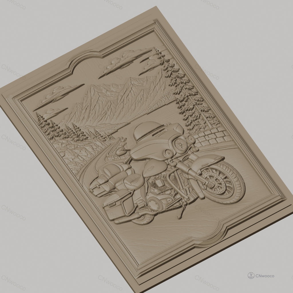 Fichier CNC & impression 3D moto routière, paysage montagne route lac cadre décoratif, haute qualité relief STL