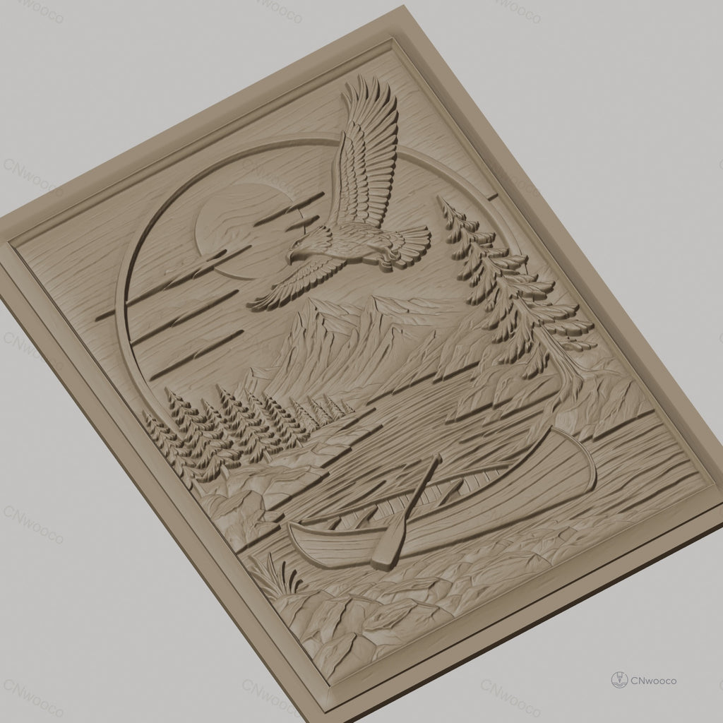 Fichier CNC & impression 3D nature sauvage, rivière, canoë, aigle et montagne, haute qualité relief STL