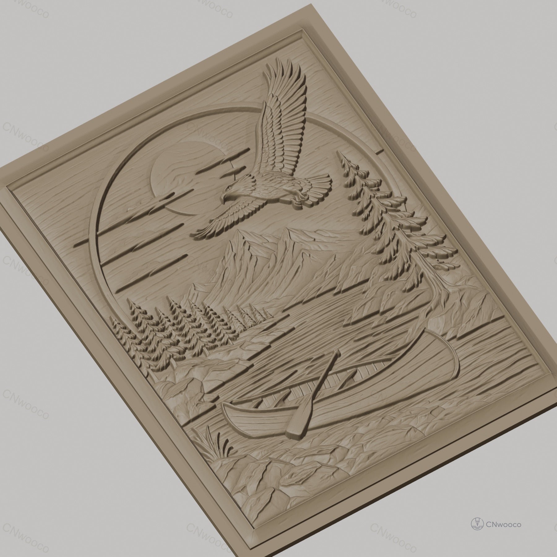 Fichier CNC & impression 3D nature sauvage, rivière, canoë, aigle et montagne, haute qualité relief STL