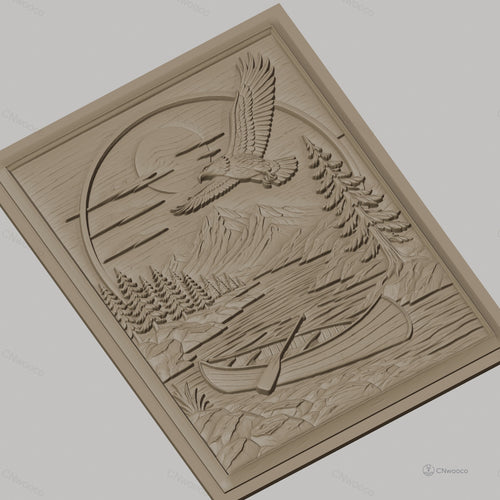 Fichier CNC & impression 3D nature sauvage, rivière, canoë, aigle et montagne, haute qualité relief STL