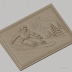 Fichier CNC & impression 3D snowboarder en montagne, relief avec skieur et sapins, haute qualité relief STL