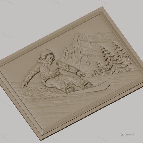 Fichier CNC & impression 3D snowboarder en montagne, relief avec skieur et sapins, haute qualité relief STL