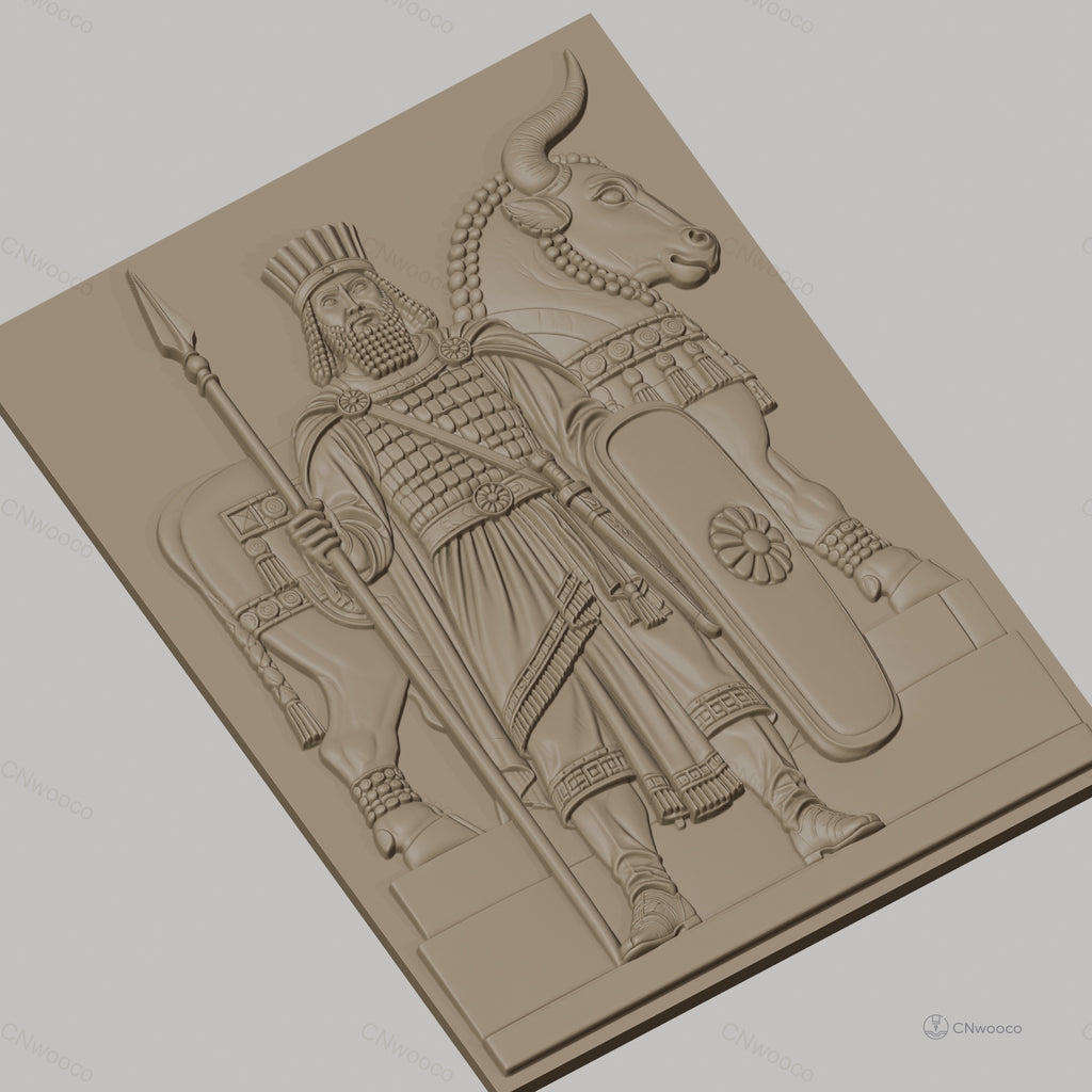Fichier CNC & impression 3D roi antique avec bouclier et taureau décoratif, haute qualité relief STL
