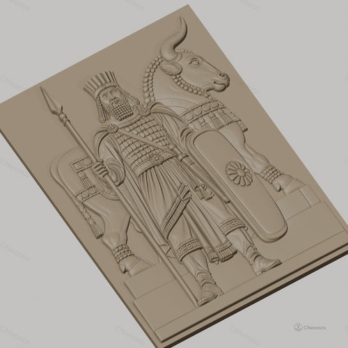 Fichier CNC & impression 3D roi antique avec bouclier et taureau décoratif, haute qualité relief STL