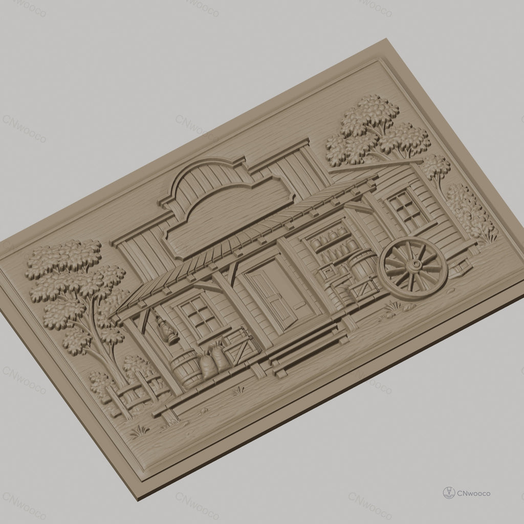 Fichier CNC & impression 3D magasin western, cabine en bois avec baril, caisse, roue et arbres, haute qualité relief STL