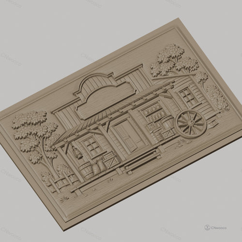 Fichier CNC & impression 3D magasin western, cabine en bois avec baril, caisse, roue et arbres, haute qualité relief STL