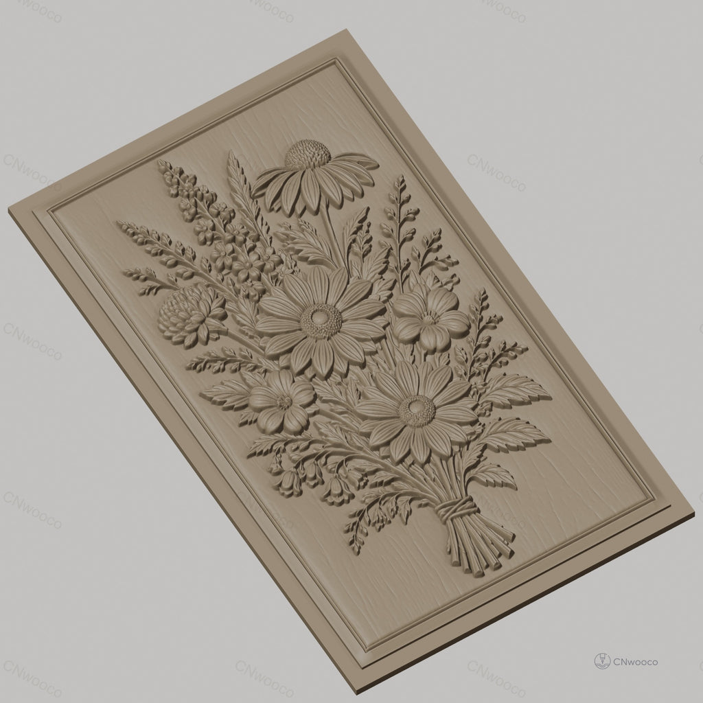 Fichier CNC & impression 3D bouquet de fleurs sauvages, marguerites et feuillages, haute qualité relief STL